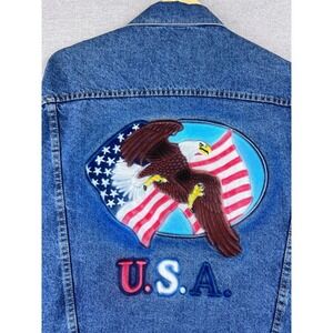Vintage USA Union Made Denim Trucker Jacket Eagle American Flag Medium Wash M